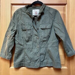 Womens Junior Jacket Large Olive Green Army Military Coat Ruffles Cotton Grunge